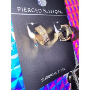 Pierced Nation Gold Tone Surgical Steel Hoop Earrings with White Cross Design‎
